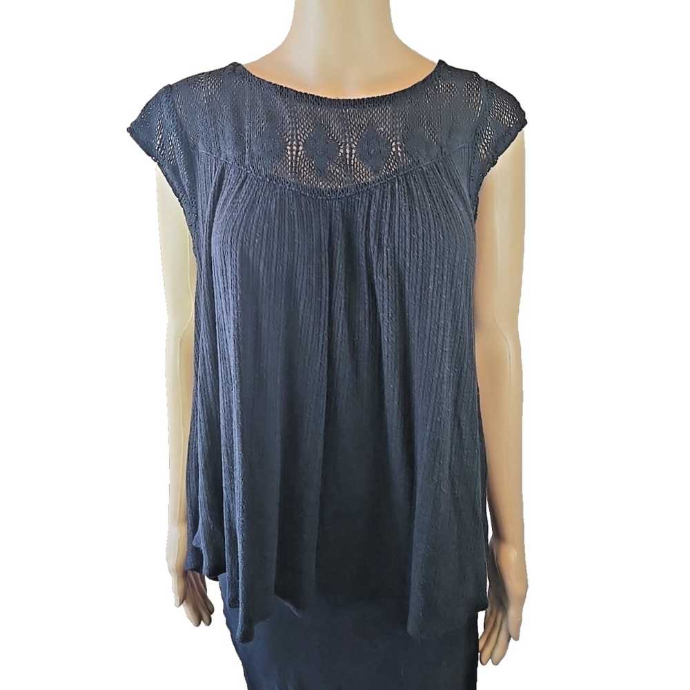Lucky Brand Women's Black Crochet Swing Sleeveless Linen Blend Top Size Medium - Picture 2 of 8